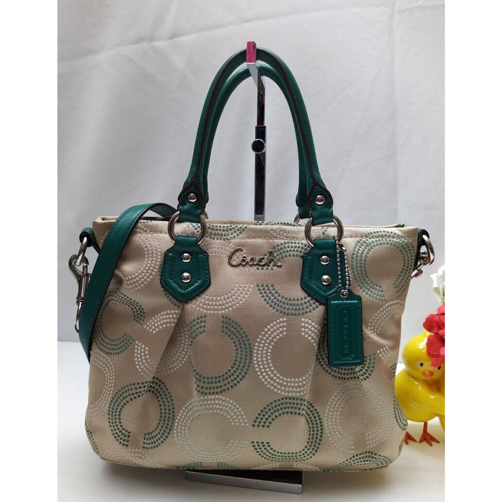 Coach Signature Brown Canvas Teal Leather Trim Zipper Satchel Crossbody Bag